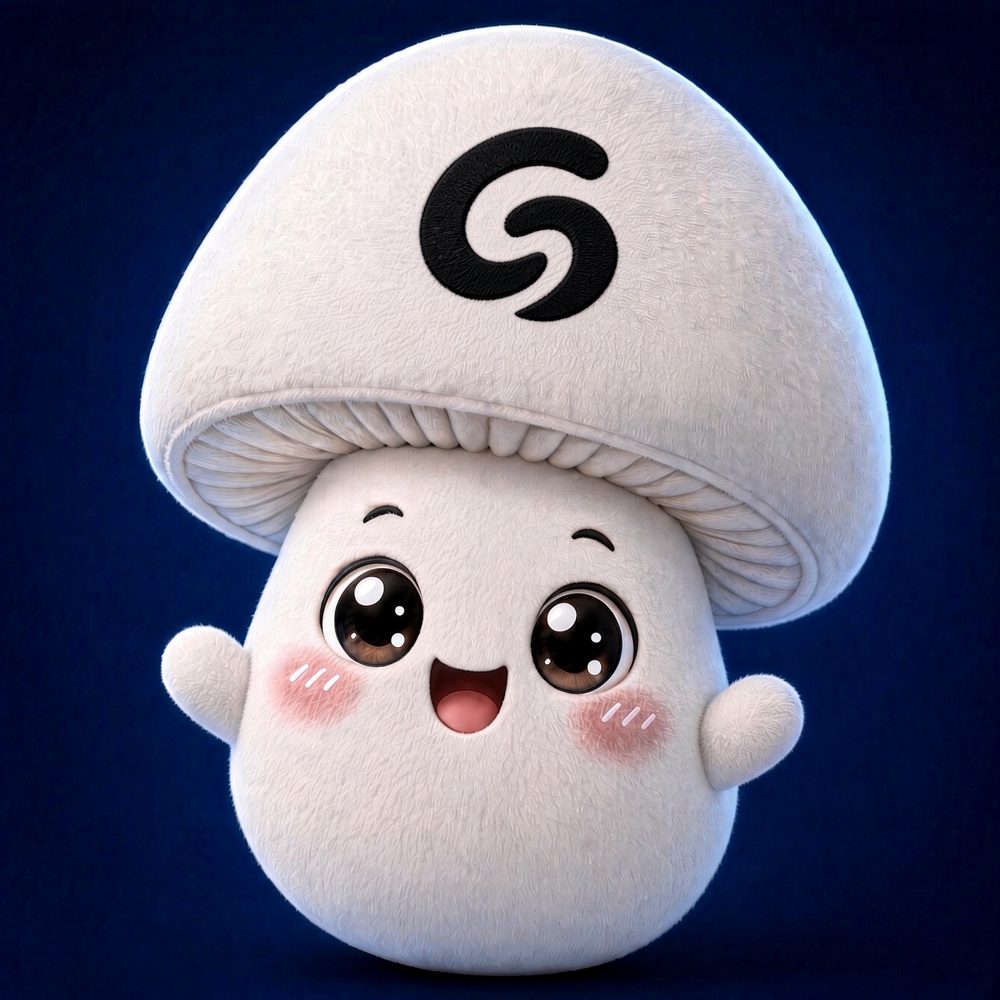 Mushruum, a white fluffy mushroom character with a black swirl on its cap